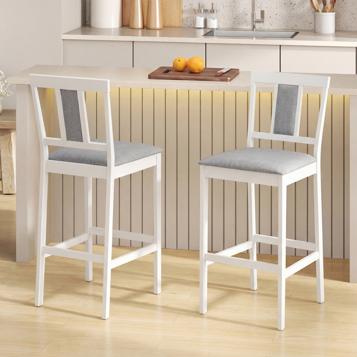 JV14108WH-2 Upholstered Barstool 29.5 in. Bar Height with Solid Rubber Wood Frame - White - Set of 2