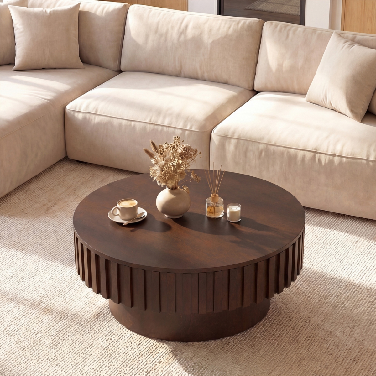 JV14208WN Round Coffee Table with Storage Modern Wooden Drum Coffee Table with Hidden Compartment - Walnut
