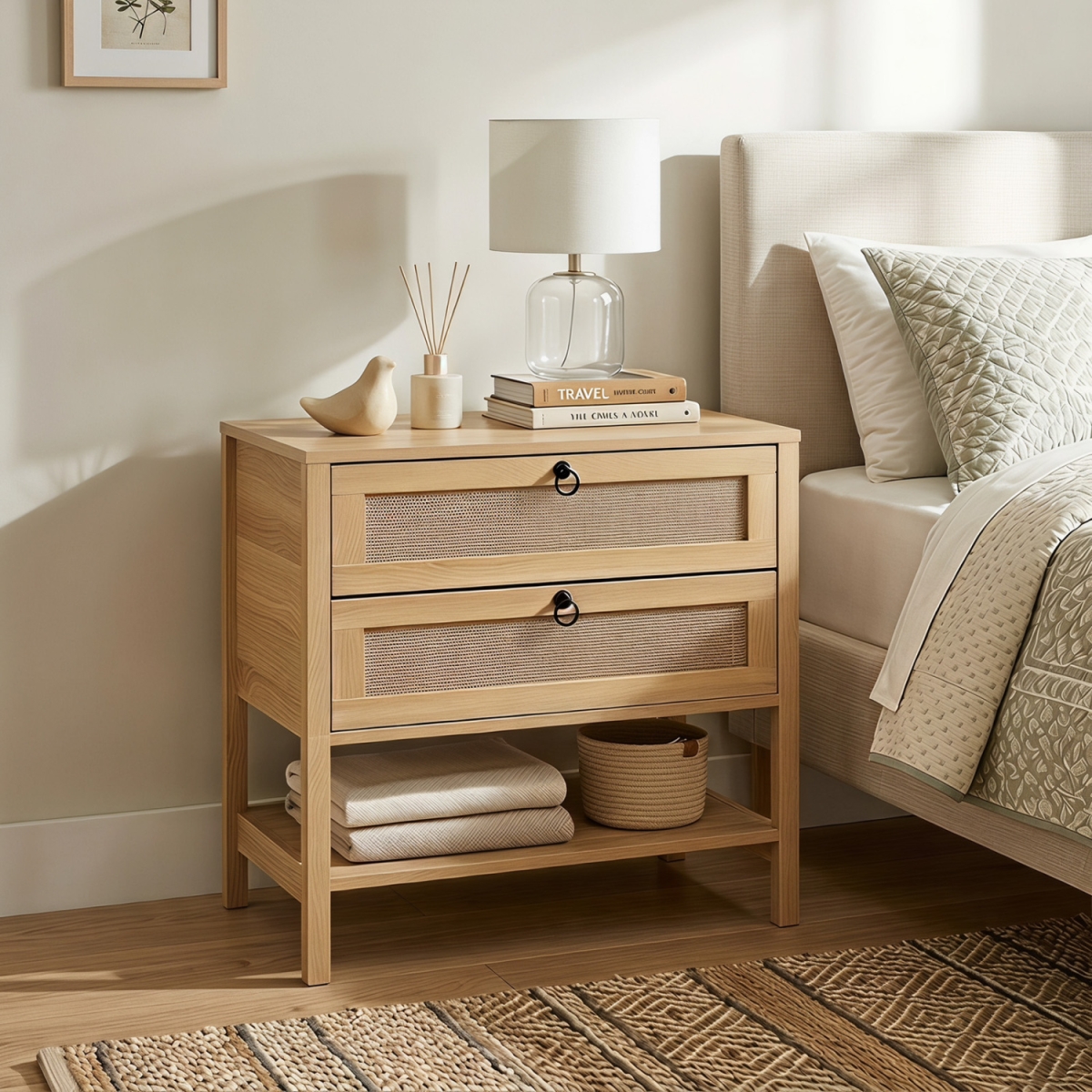 JV14215NA Boho Rattan Nightstand with 2 Drawers & Bottom Open Shelf - Natural