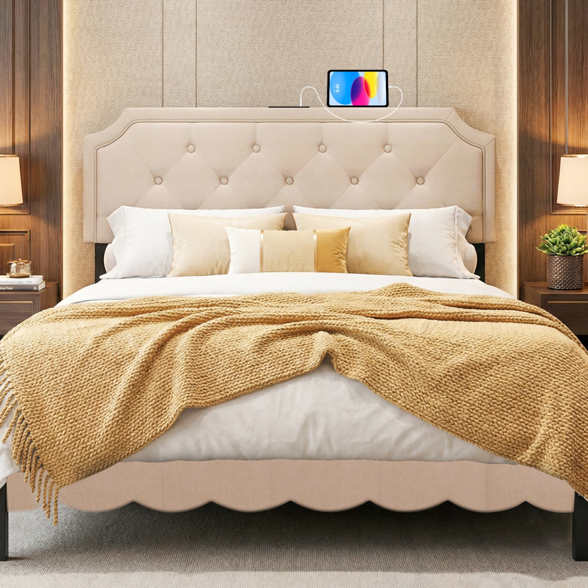 HU11374BE Tufted Upholstered Headboard for Queen & Full Size Bed - Beige