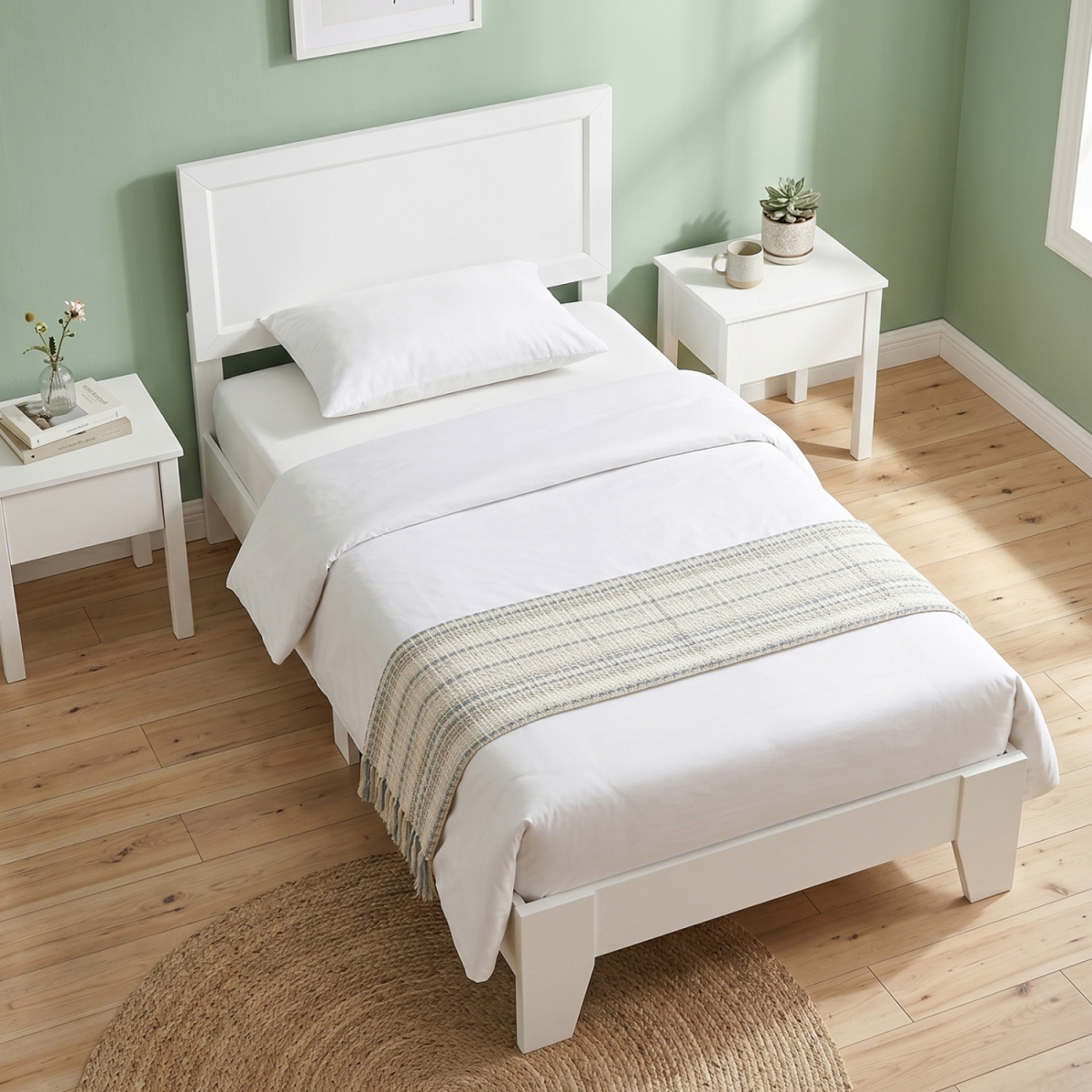 HU11404BS-T Bed Frame with Headboard for Small Room No Box Spring Needed - White - Twin Size