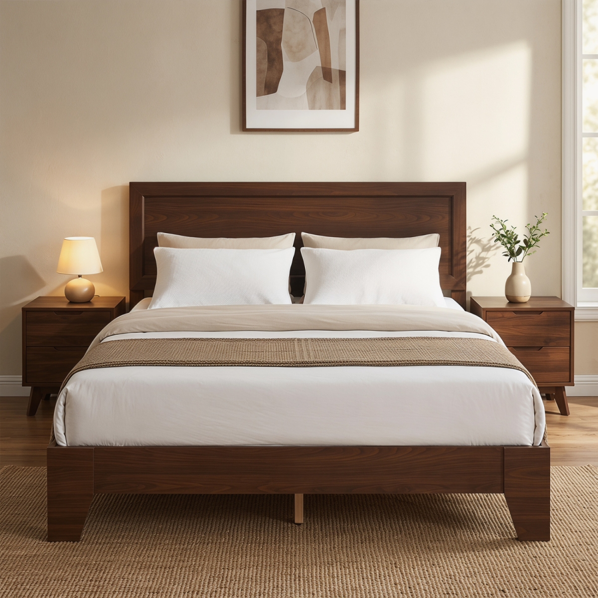 HU11404WN-Q Modern Bed Frame with Headboard - Walnut - Queen Size