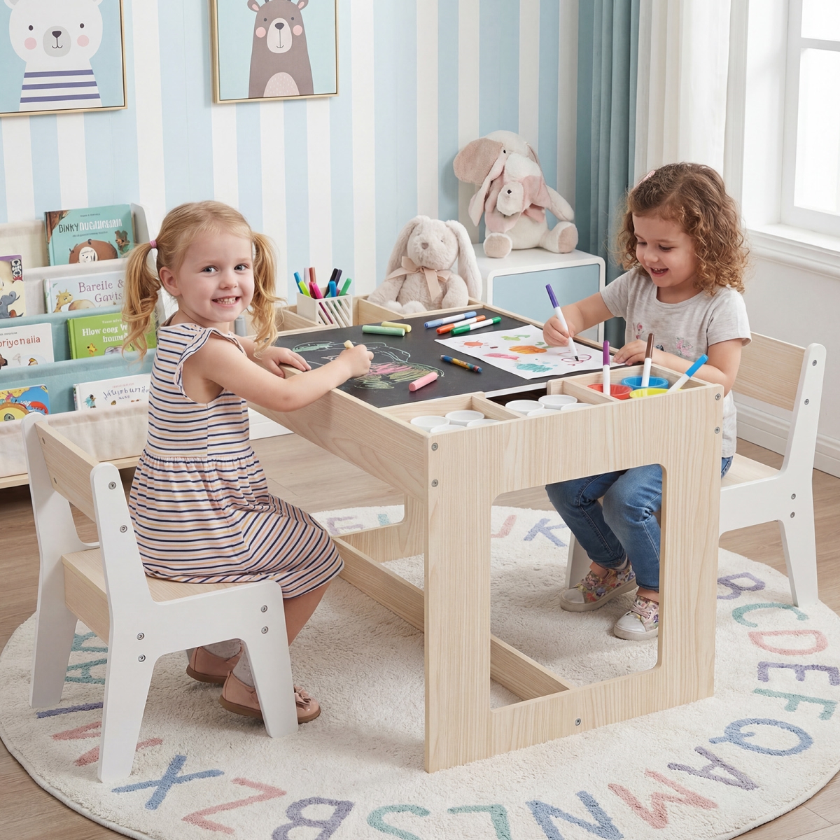 HY10473NA Multifunctional Kids Table & 2 Chairs Set with Chalkboard - Natural