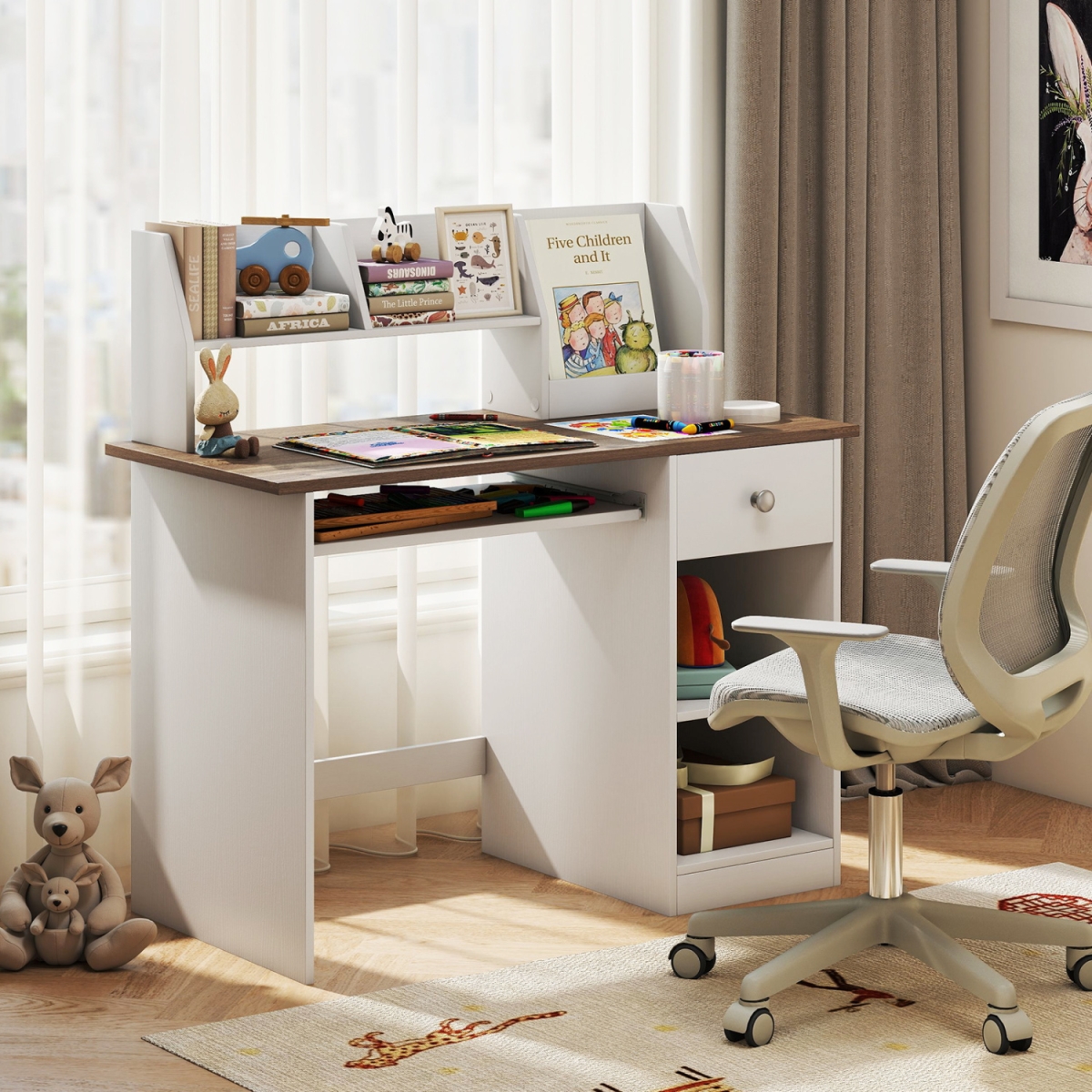 HY10491NA Kids Study Desk Children Writing Table with Drawer Shelves & Keyboard Tray - Natural