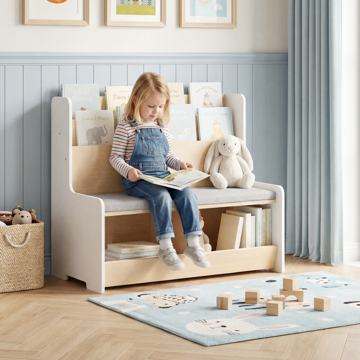 HY10512WH Kids Reading Nook with Bench Bookshelf & 2 Cubbies - White