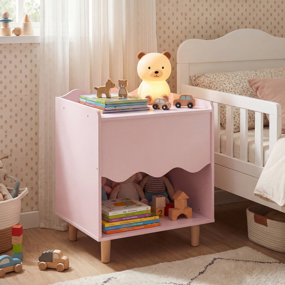 HY10541PI Toddler Scalloped Side Table with Wide Top & Open Compartment - Pink