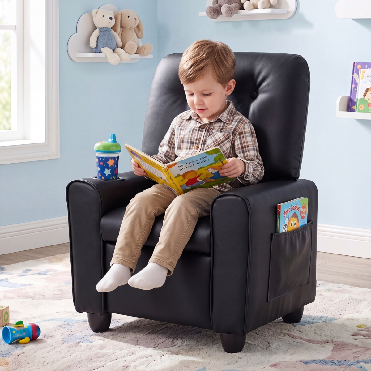 HY10549DK Kids Recliner with Cup Holder & Armrests & Adjustable Backrest Footrest - Black