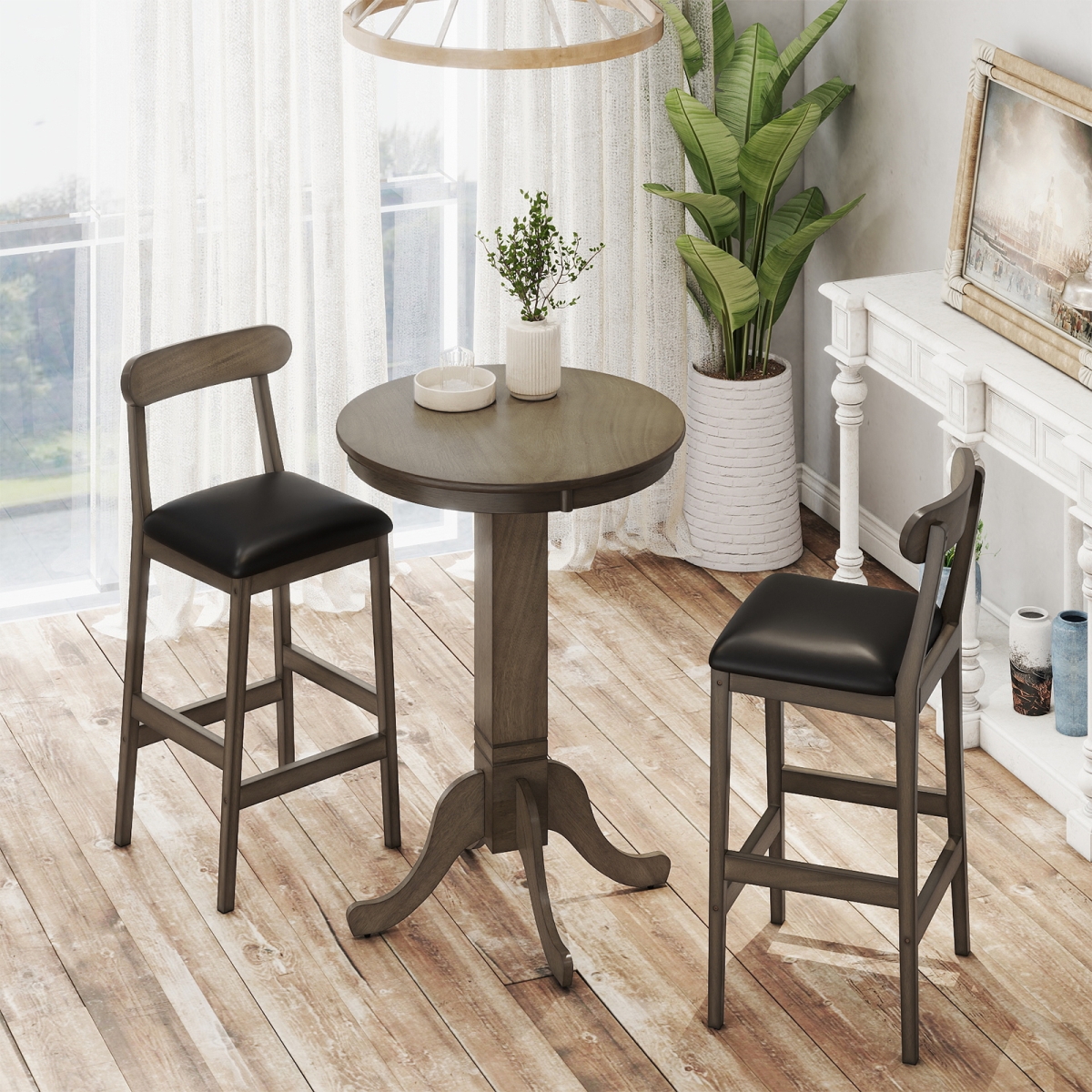 KC57782GR- Wood Pub Round Dining Table with Pedestal Base - Gray