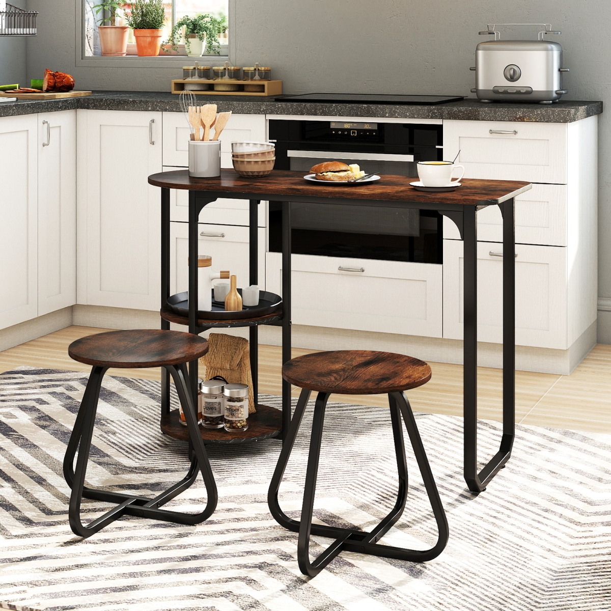 KC59193CF Industrial Dining Table Set for Small Space - Rustic Brown - 3 Piece