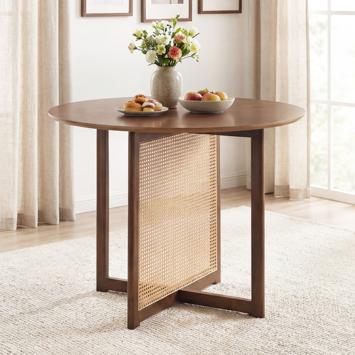 KC59337WN 37.5 in. Round Dining Table with Cross Pedestal Base - Walnut