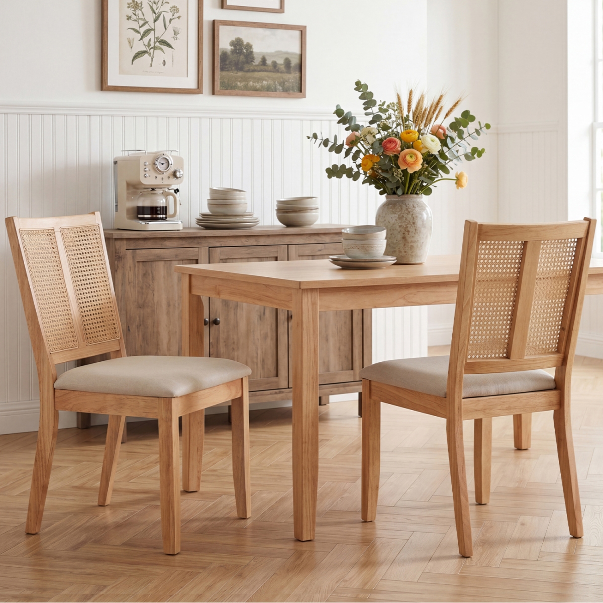 KC59449NA-2 Rattan Dining Chairs with Curved Backrest & Padded Seat for Dining Room - Natural - Set of 2