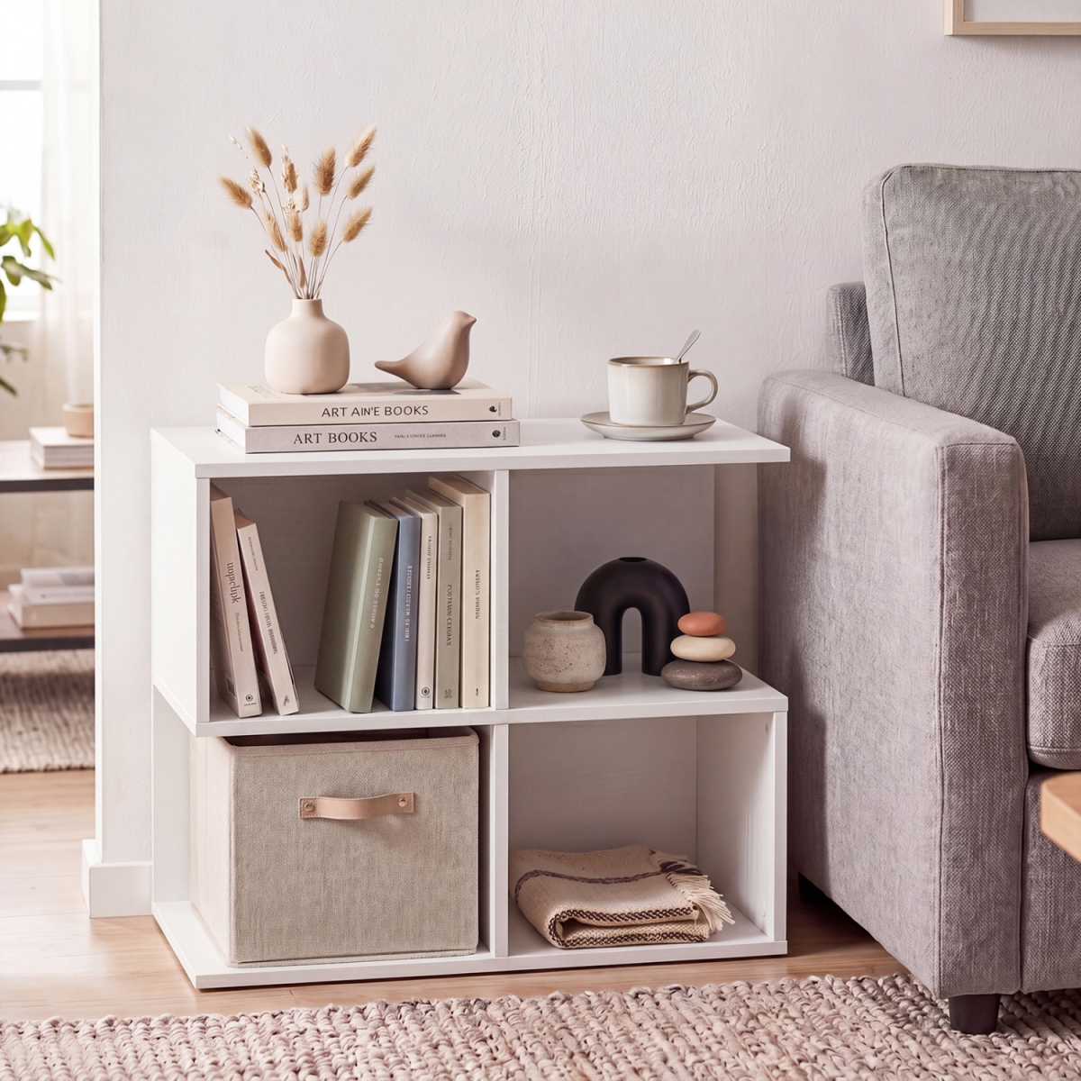 JV13620WH-1 3-Tier Modern S-Shaped End Table with 4 Storage Cubes - White