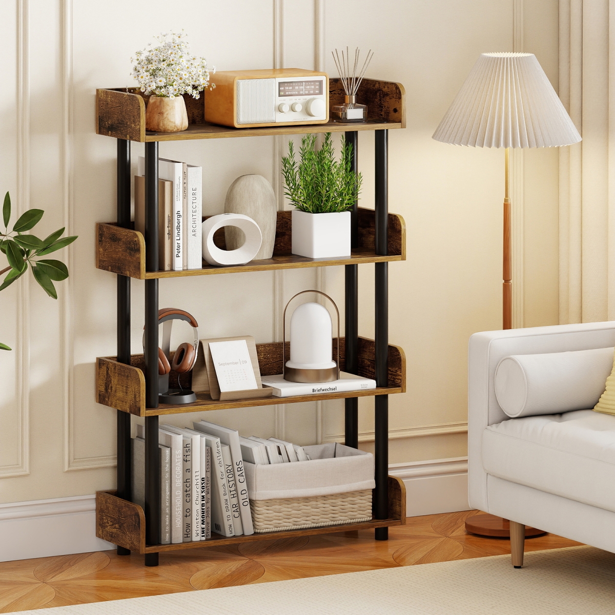 JV13677CF 4-Tier Bookshelf Open Bookcase with Anti-Tipping Kit Industrial Storage Unit - Rustic Brown