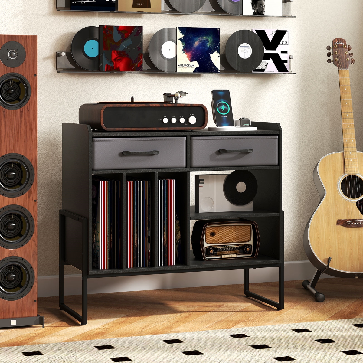 JV13721US-DK Large Record Player Stand with Charging Station Mid Century Modern Vinyl Storage Cabinet - Black