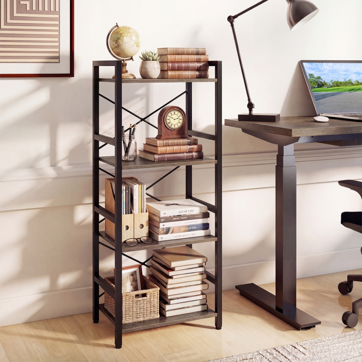 JV13736OA 4-Tier Bookshelf Narrow Freestanding Display Shelf with Metal Frame - Oak