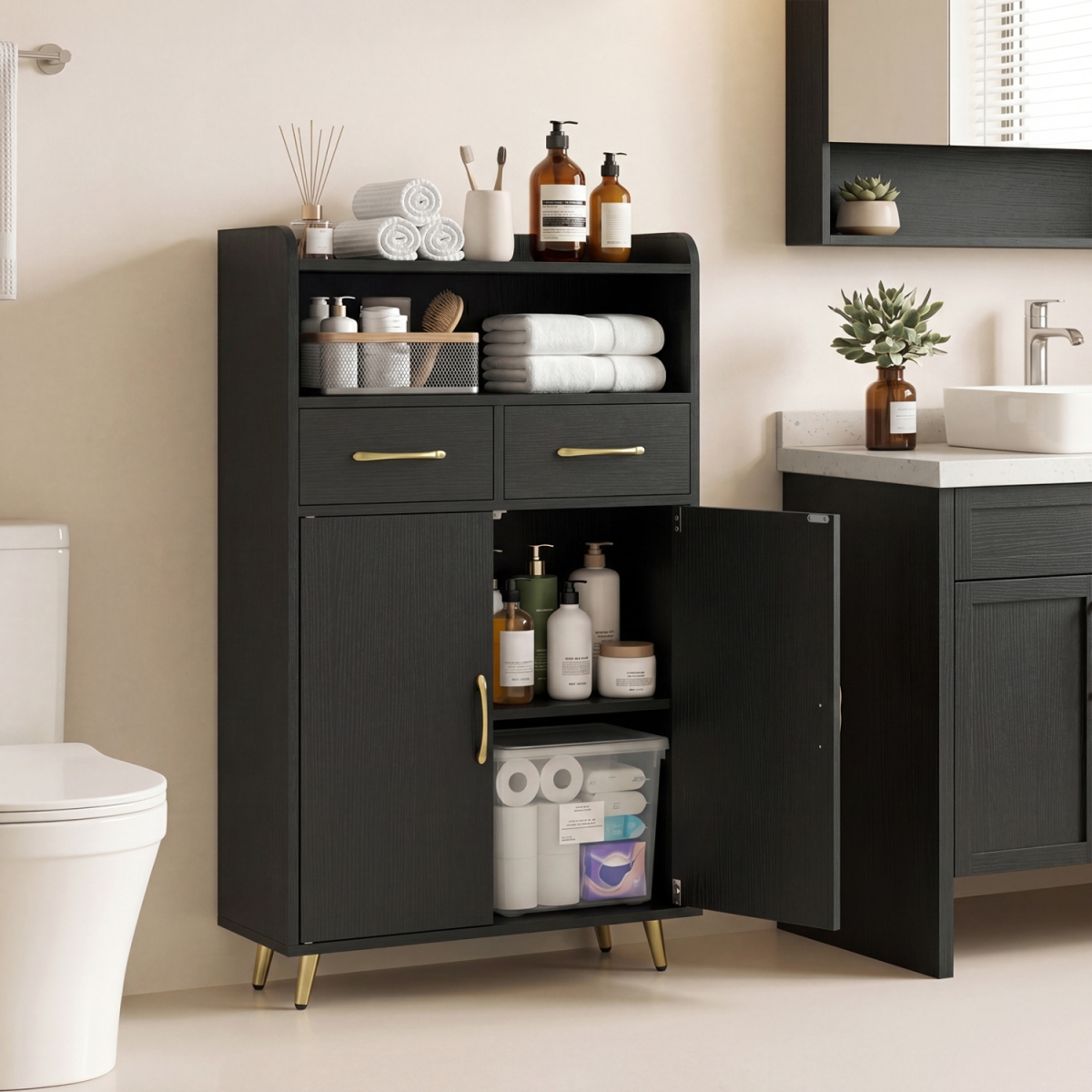 JV13783DK Bathroom Storage Cabinet Freestanding Floor Cabinet with 2 Drawers & 2 Doors - Black