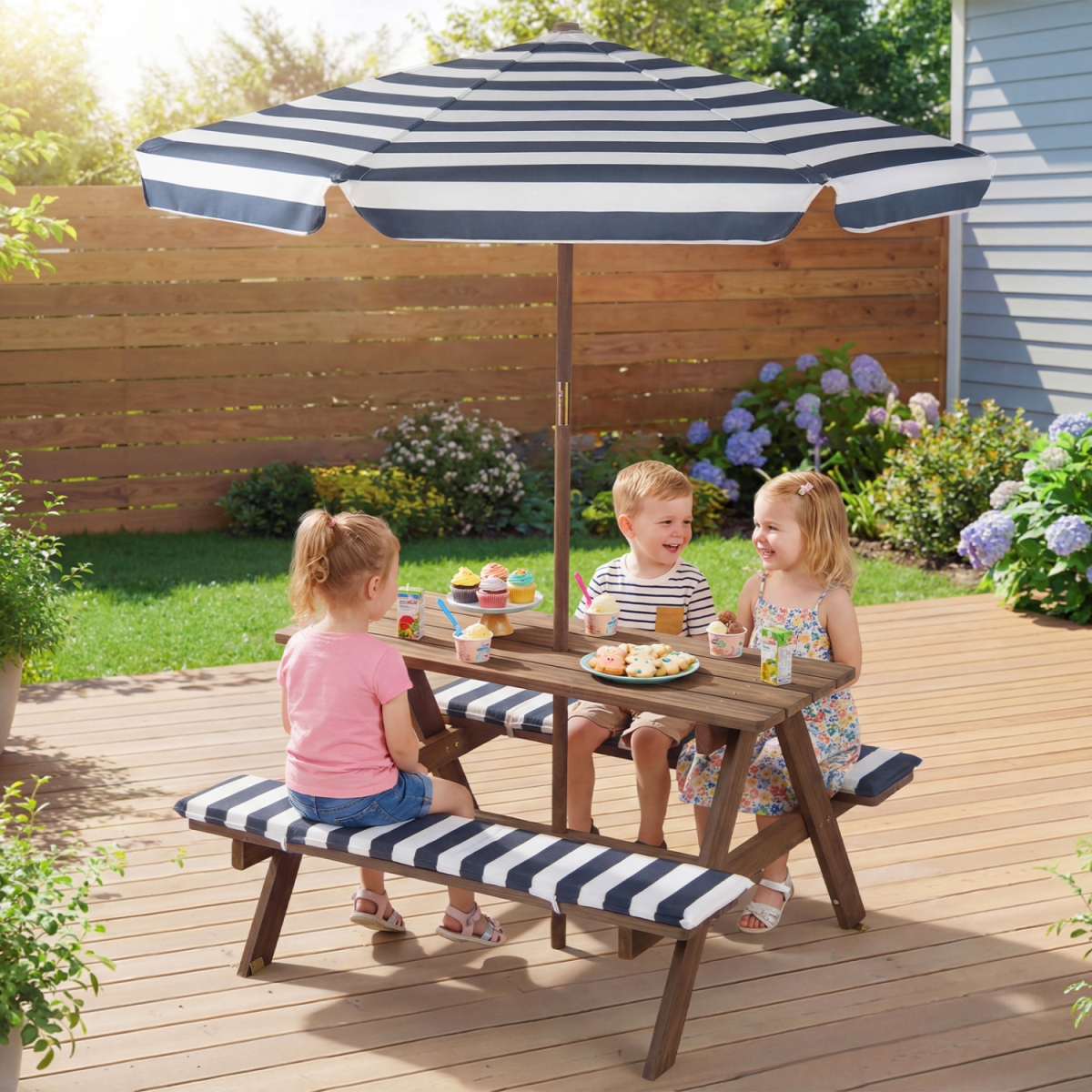 NP13006BL Fir Wood Kids Picnic Table with 2 Built-in Benches & Umbrella - Navy