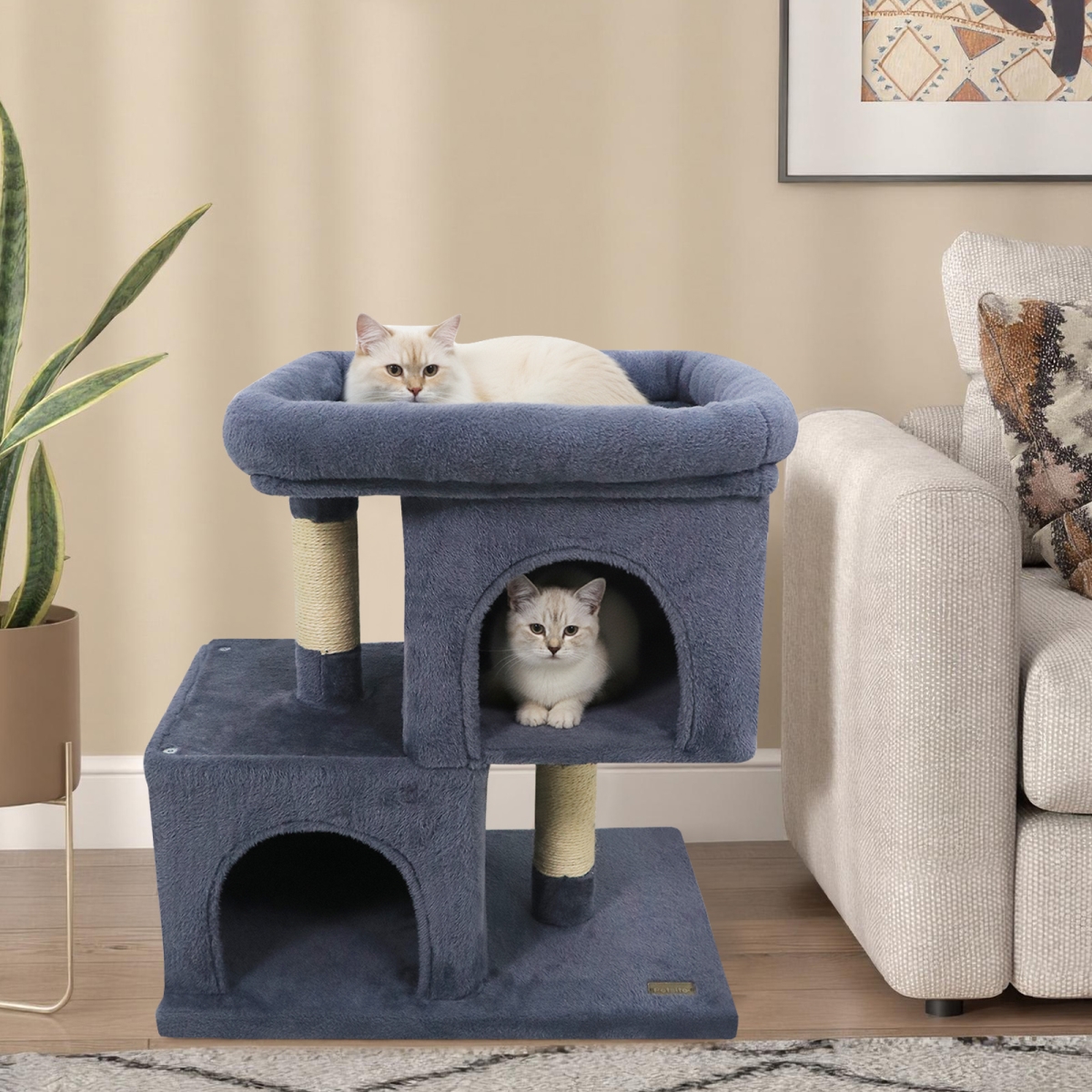 PV10484GR Modern Cat Tree Space-Saving Cat Tower with Upholstered Perch & 2 Cat Condos - Dark Gray