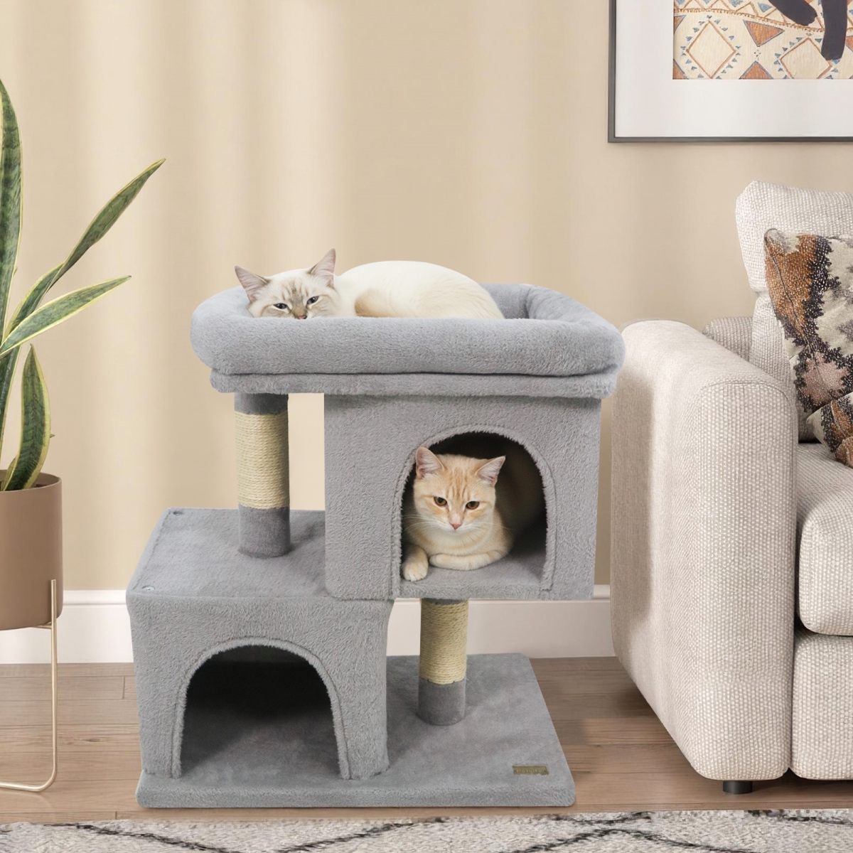 PV10484HS Modern Cat Tree Space-Saving Cat Tower with Upholstered Perch & 2 Cat Condos - Gray