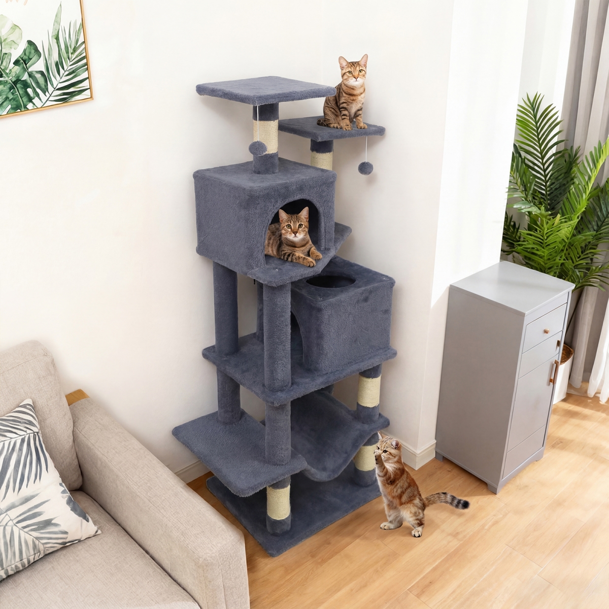 PV10488GR 57 in. Cat Tree with Dual Condos & Hammock & 2 Dangling Balls - Gray