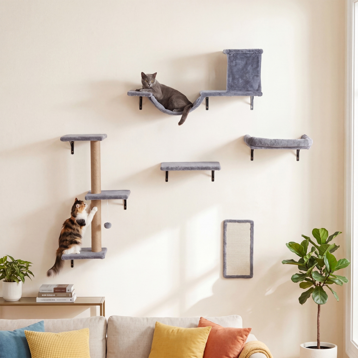 PV10538GR 5-in-1 Cat Wall Shelves with Condo Bridge Perch Platform Scratching Post & Board for Indoor - Gray