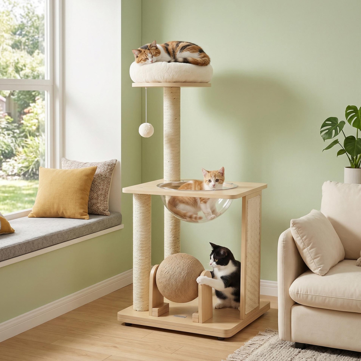 PV10602NA 40 in. Solid Wood Cat Tree with Space Capsule & Sisal Posts & Scratching Board - Natural