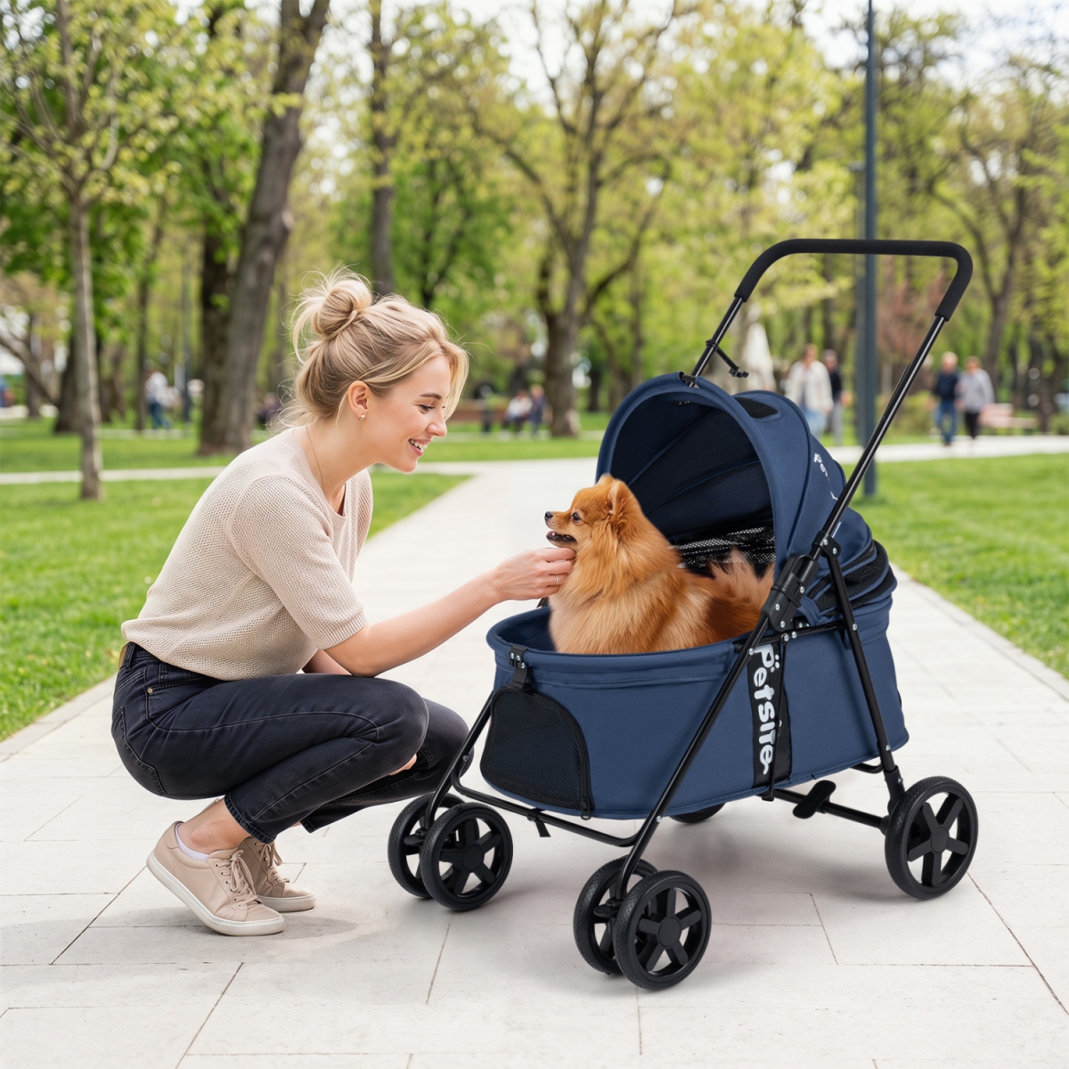 PW10184NY Pet Stroller for Small Medium Dogs Foldable with One-Step Rear Brake & Canopy - Navy