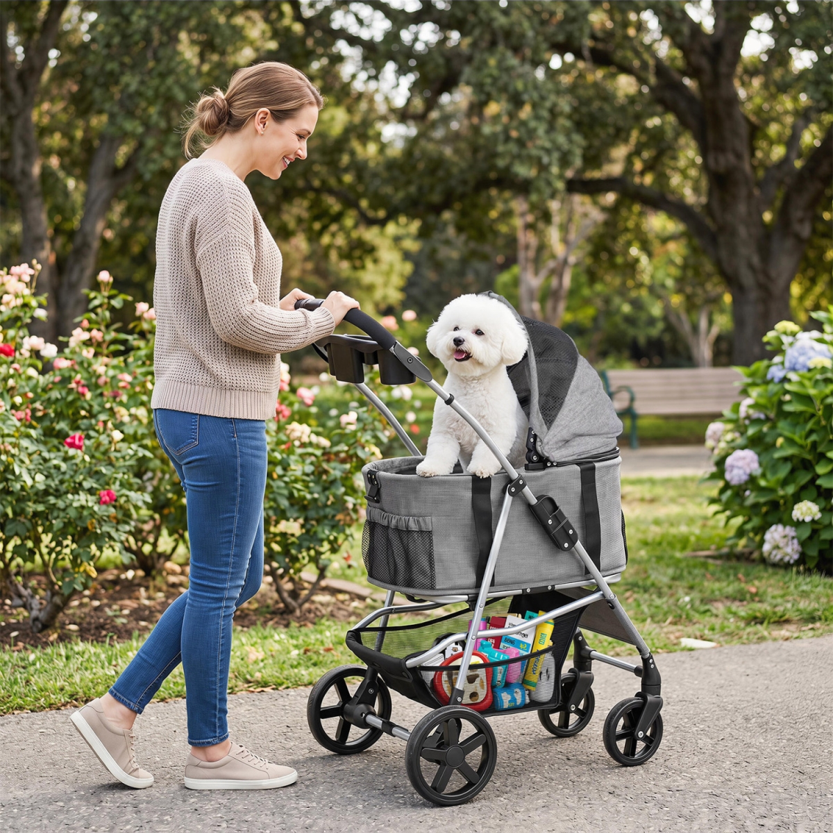 PW10185GR 3-in-1 Pet Stroller for Small Medium Dogs Foldable with Detachable Carrier - Gray