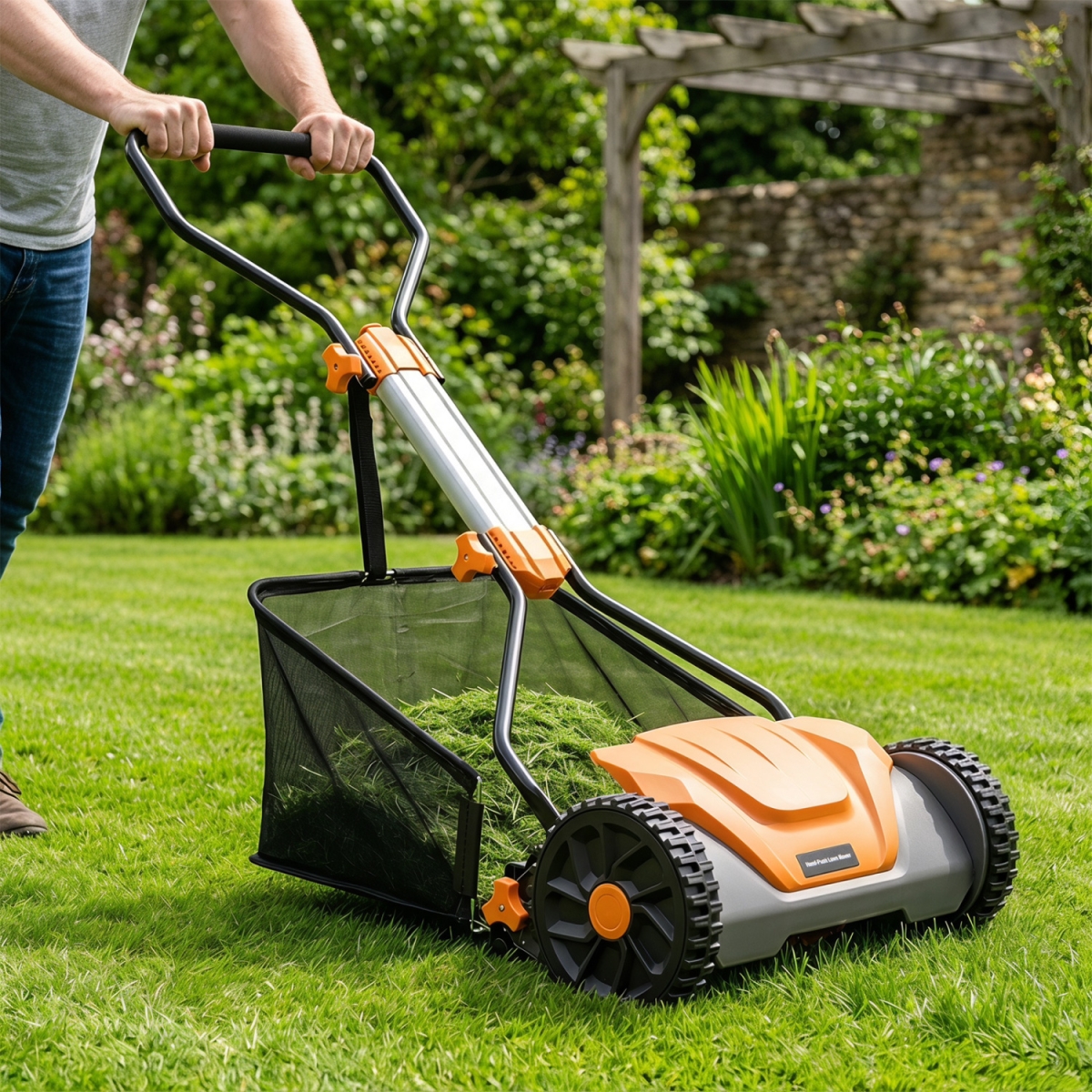 GT4757OR 16 in. Adjustable Cutting Heights 5-Blade Push Reel Lawn Mower with 8 gal Removable Grass Catcher Bag - Orange