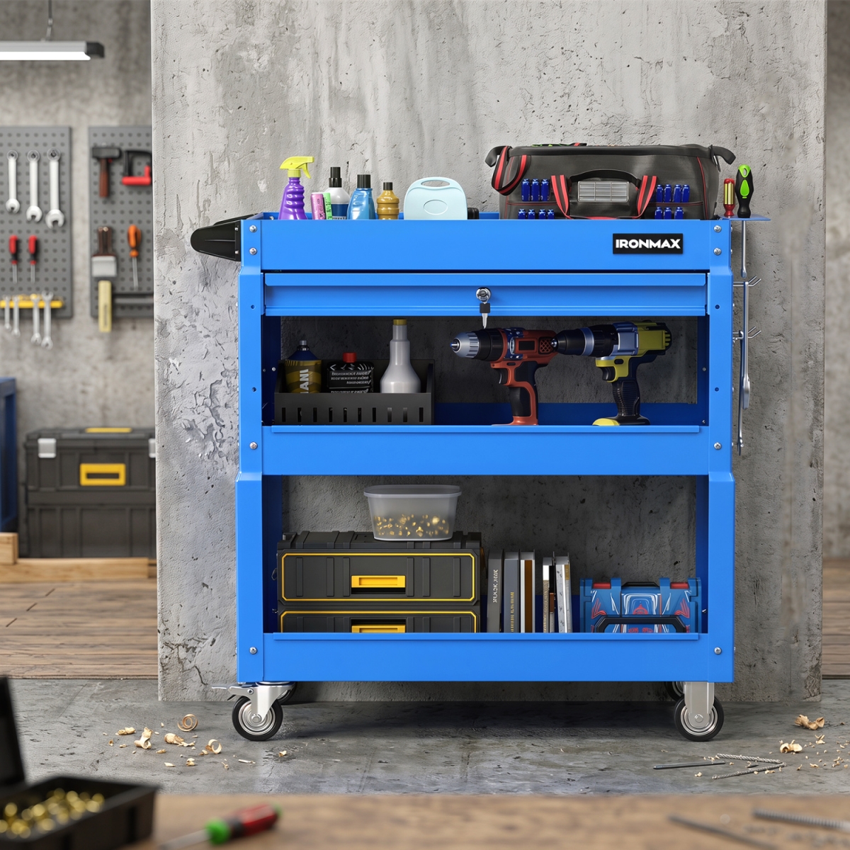 GT4803BL 3 Tier Rolling Tool Cart with Lockable Drawer for Garage & Workshop - Blue