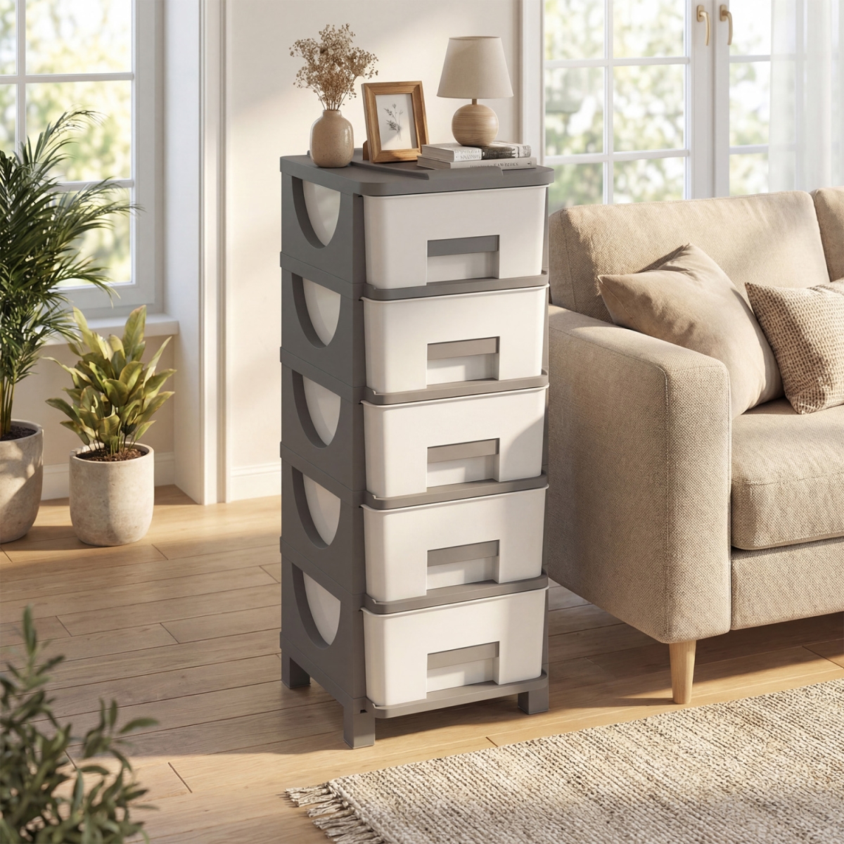 JZ10445GR Plastic Storage Organizer with Handles & Compact Drawer Cabinet Side Table for Bedroom - Gray