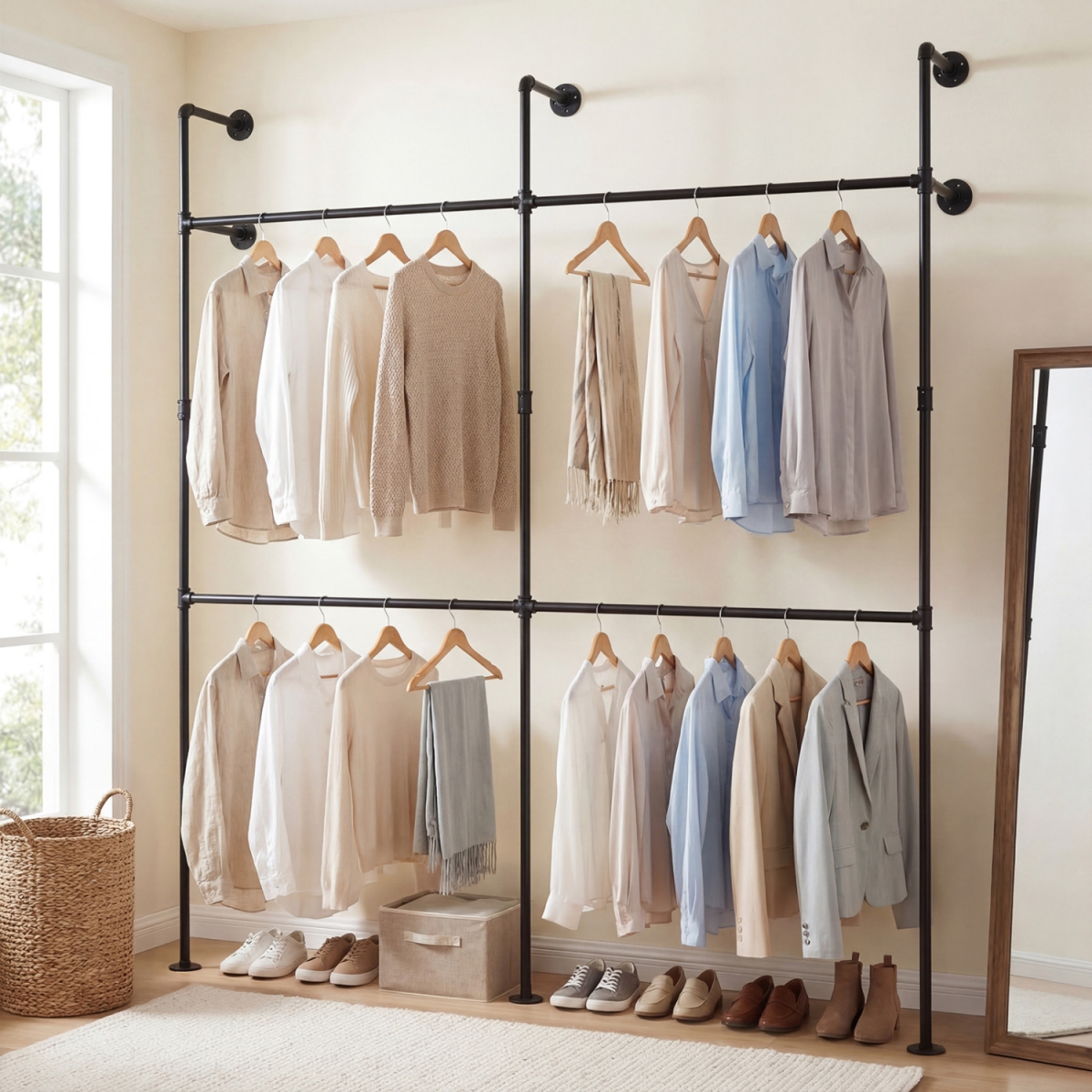 JZ10508BK Wall Mounted Pipe Clothing Rack with 4 Hanging Rods - Black