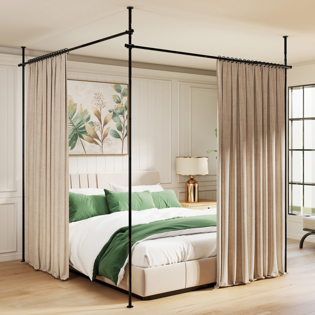 JZ10523DK Room Divider Curtain Rod with Adjustable Floor to Ceiling Tension - Curtains Not Included - Black
