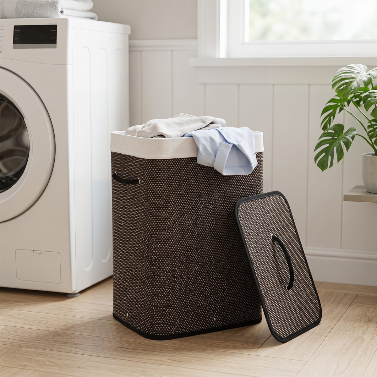 JZ10540BK 19 gal Capacity Bamboo Clothes Hamper with Removable Liner & Portable Handles - Black