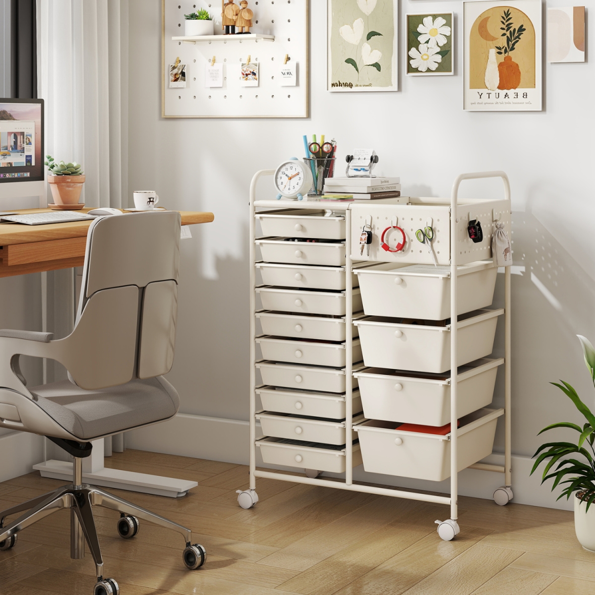 JZ10566WH 14-Drawer Rolling Storage Cart with Metal Tabletop & Pegboard - White