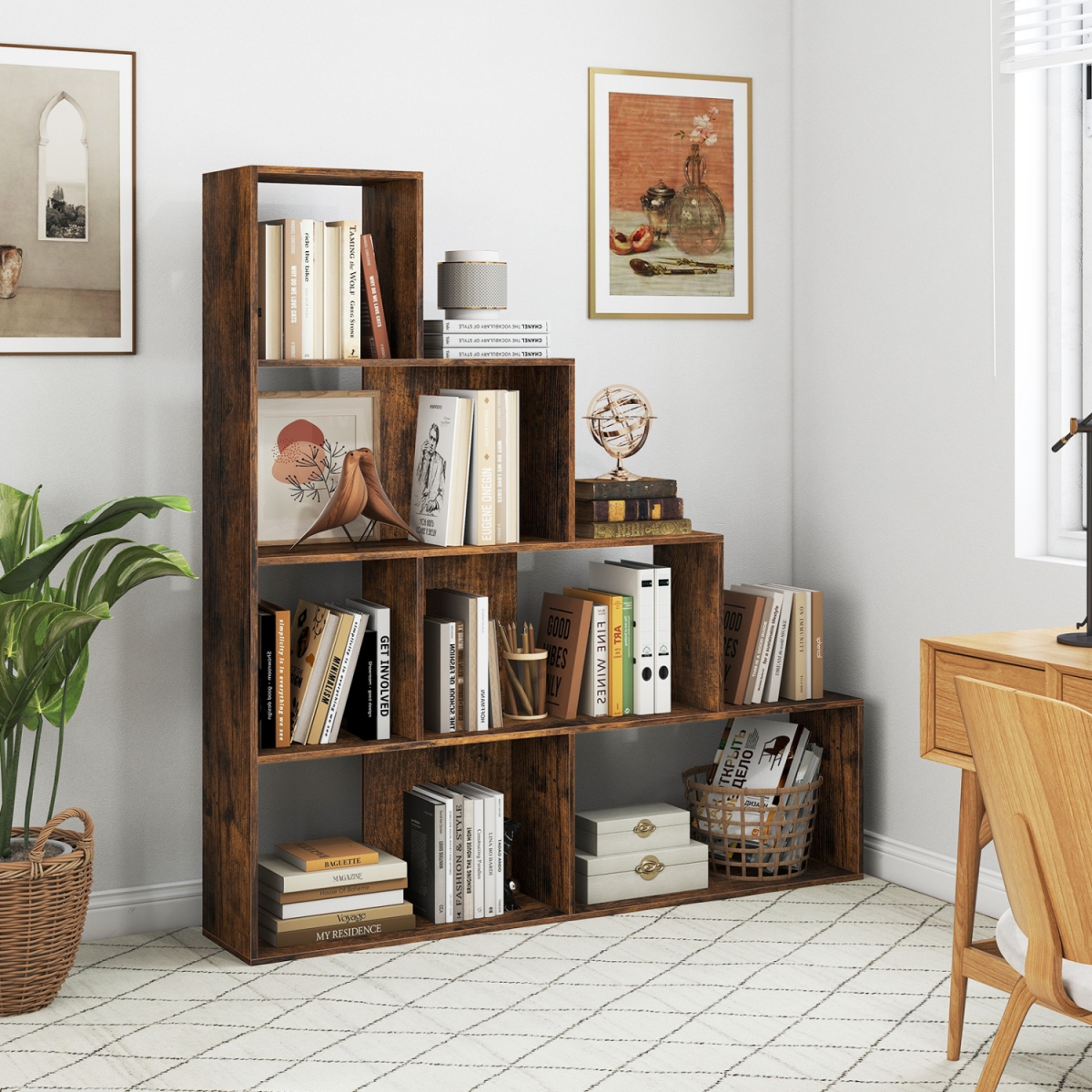 JV12671CF 4-Tier Stepped Bookshelf Freestanding Ladder Storage Shelf with 6 Cubes - Rustic Brown
