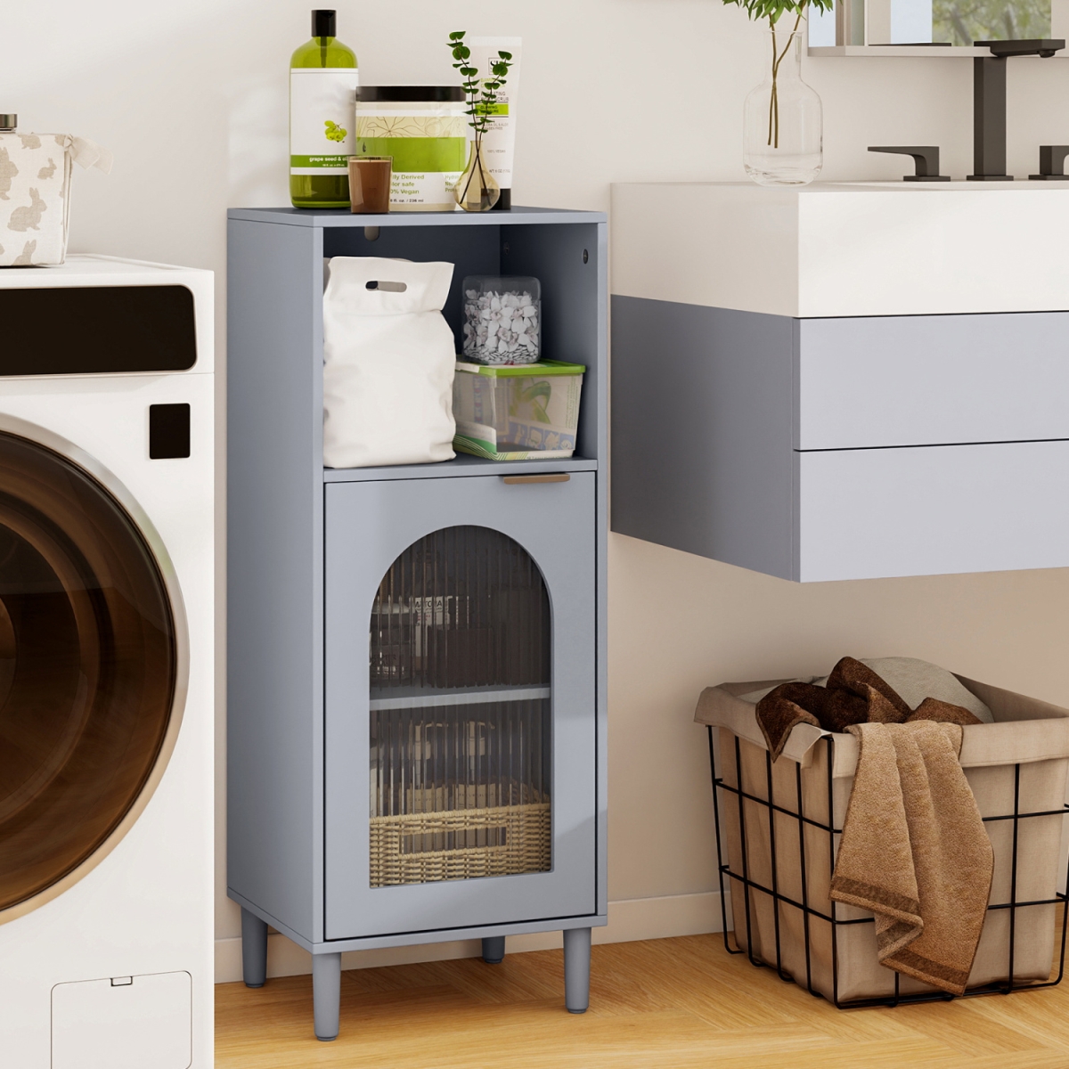 JV12697GR Bathroom Floor Cabinet Wood Side Storage Organizer with Adjustable Shelf - Gray