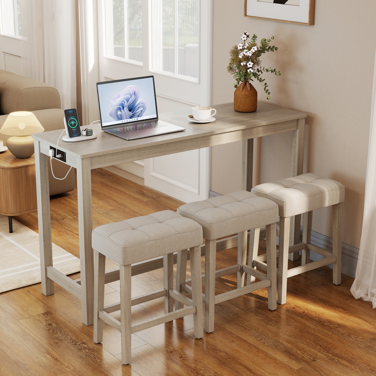 JV12706US-GR Counter Height Table with 3 Stools Breakfast Nook Bar Set - Gray - 4 Piece