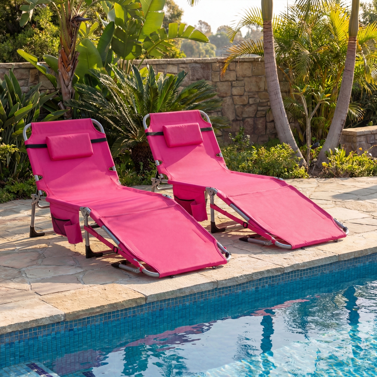 2-NP13351PI Tanning Chairs with Face Arm Holes Portable with 4-Level Backrest - Pink - Set of 2
