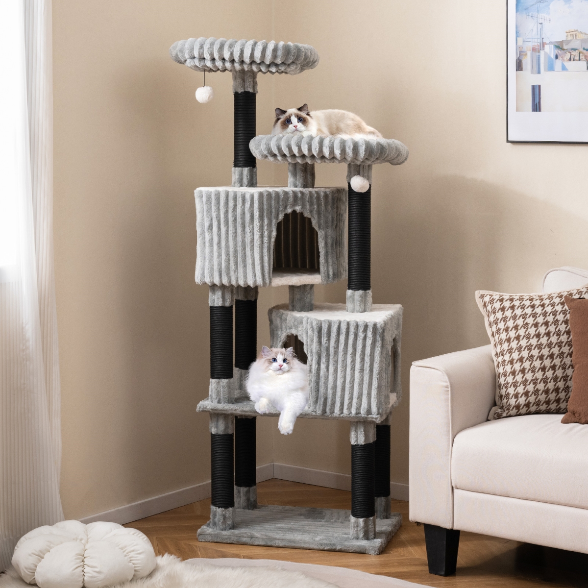 PV10405LG 62 in. Tall Cat Tower with Scratching Posts & Soft Flannel Covering - Light Gray