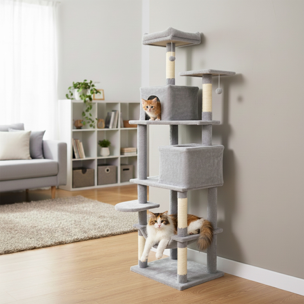 PV10487HS Multi-Level Cat Tree Modern Cat Tower with Upholstered Perch & 2 Cat Condo - Gray