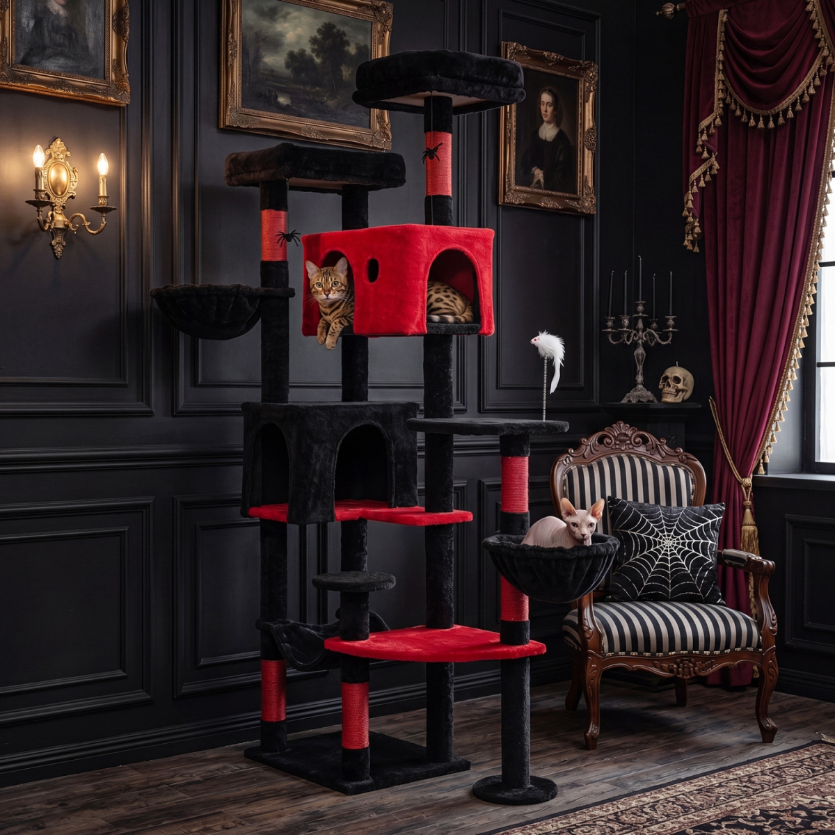 PV10530 75 in. Gothic Cat Tree with 2 Plush Perches for Indoor Cats - Black & Red