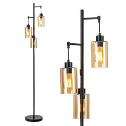 EU10002US Retro Floor Lamp with 3-Head Hanging Amber Glass Shade