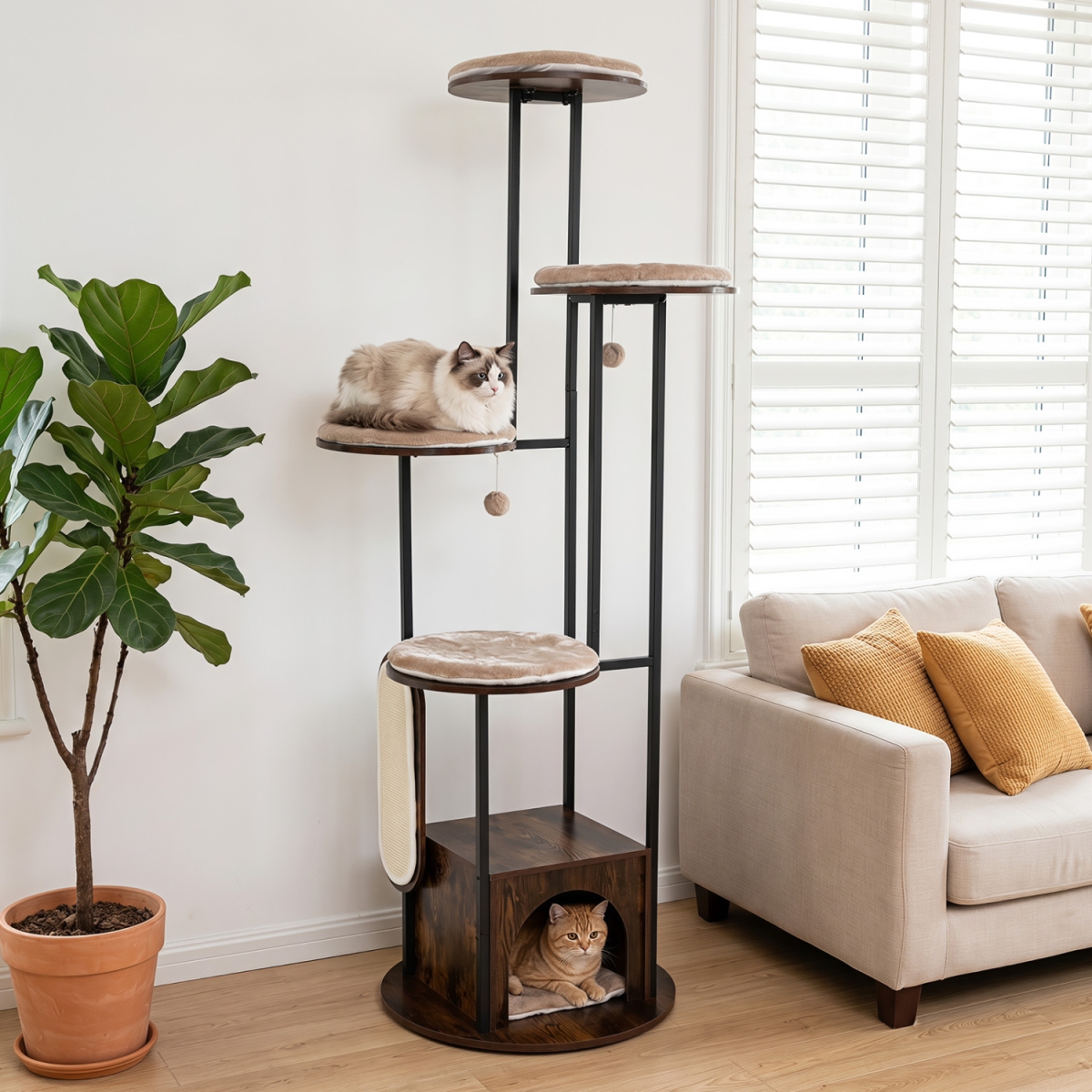 PV10533CF 72 in. Tall Multi-Level Cat Condo with Top Perch Platforms & Removable Washable Mats - Rustic Brown