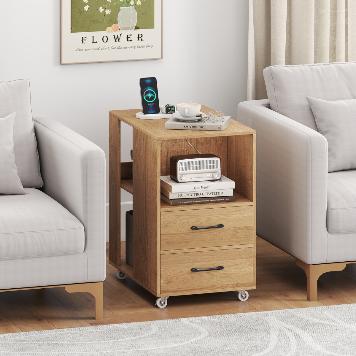 JV12764US-NA End Table with Built-in Charging Station Sofa Side Bedside Table on Wheels - Natural