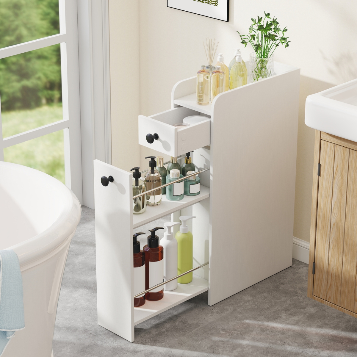 JV12829WH Small Bathroom Storage Cabinet 4-Tier with Slide Out Drawers on Casters - White