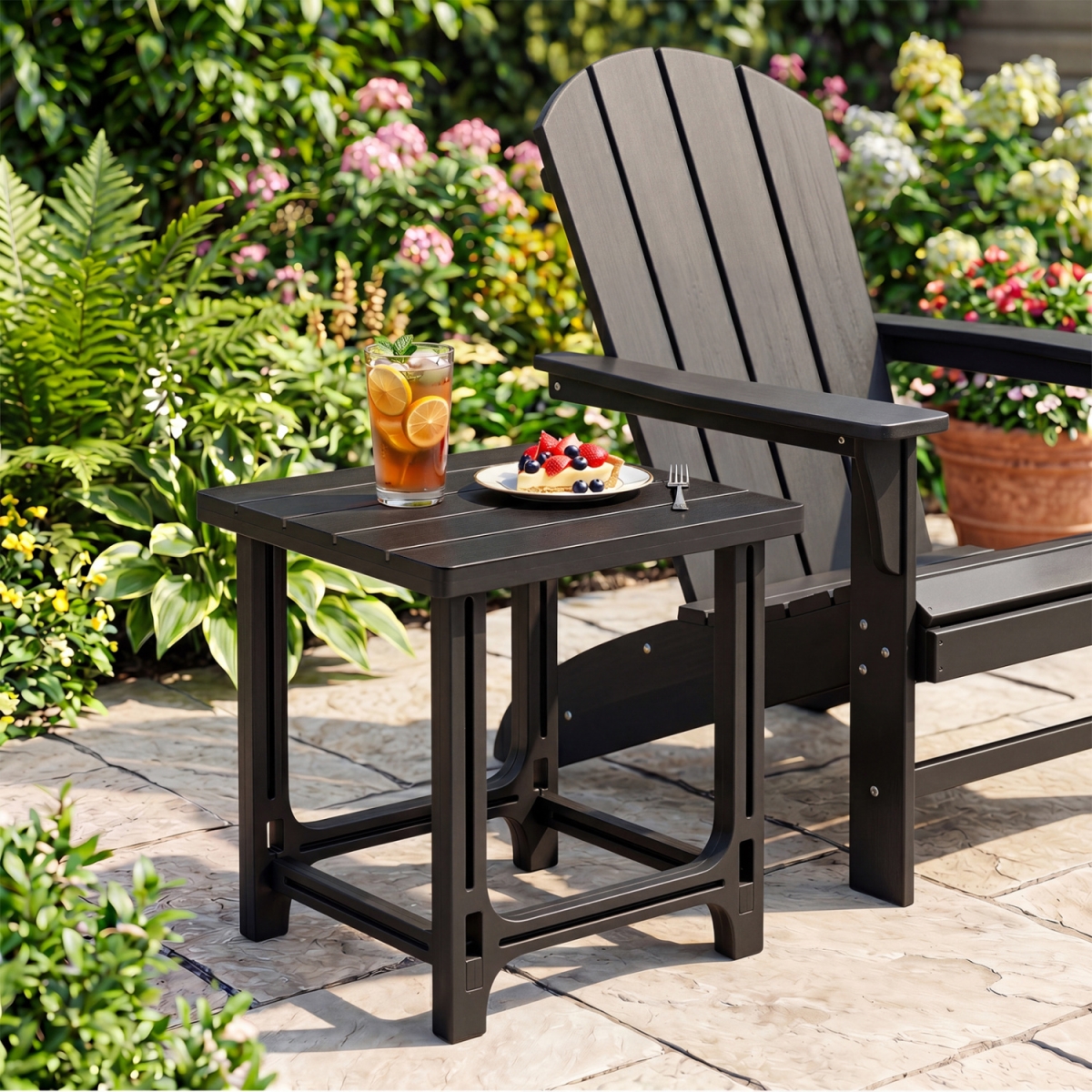 NP13790DK-1 18 in. Outdoor Adirondack Side Table with Slatted Surface - Black
