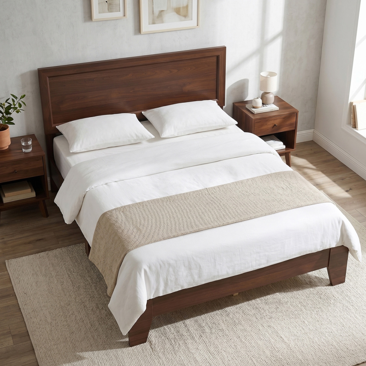 HU11404WN-F Modern Bed Frame with Headboard No Box Spring Needed - Walnut - Full Size
