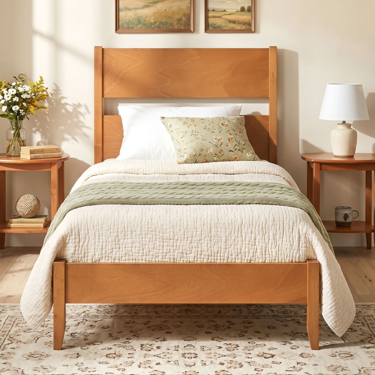HU11455MB-T Bed Frame with Headboard with Solid Wood Legs 12 Slats - Warm Brown - Twin Size