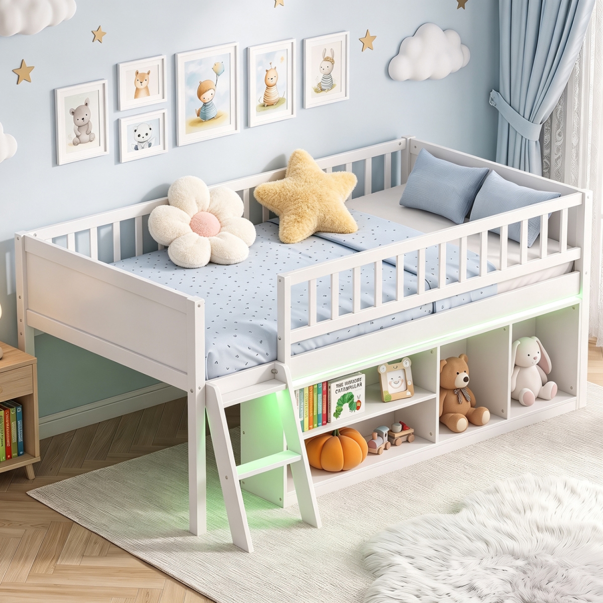 HU11500WH-T Twin Size Loft Bed with Adjustable LED Lights & Bookshelves & Guardrails for Kids - White
